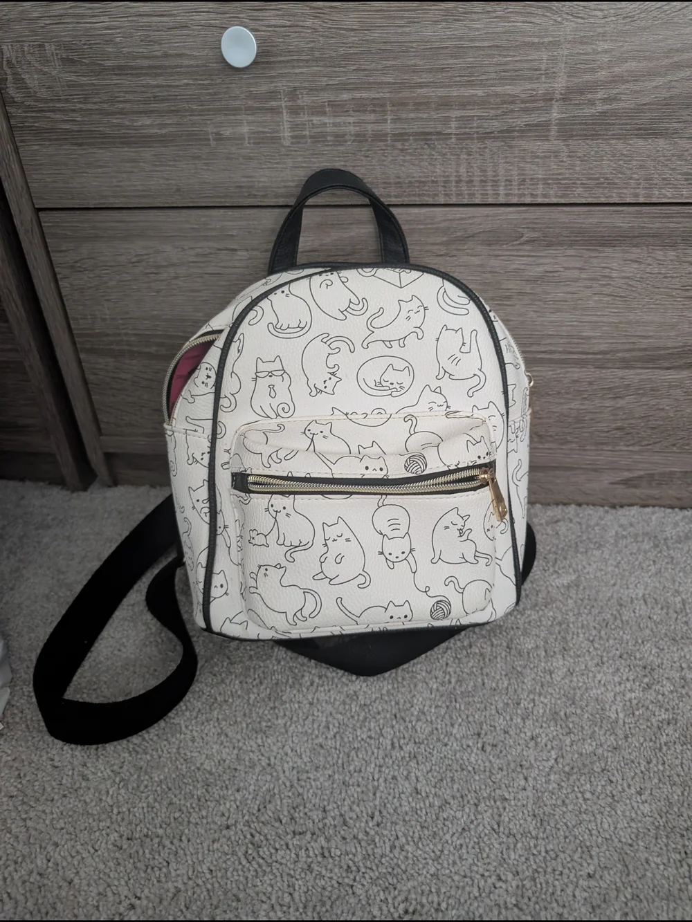 White Mini Kids Backpack with Playful Cat Print
